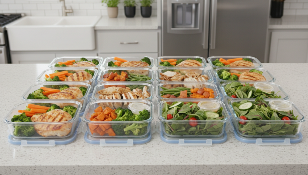 meal prep containers with grilled chicken