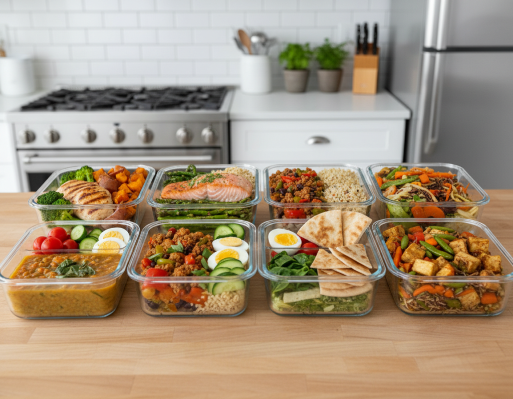 meal prep containers with healthy balanced meals