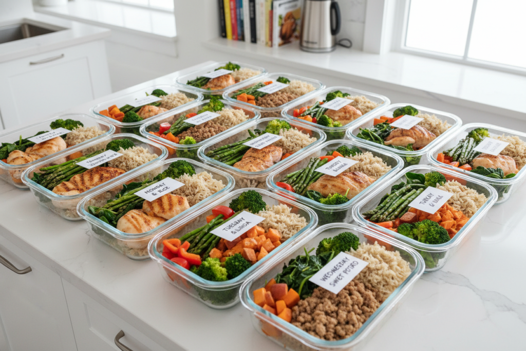 meal prep containers with organized lunches