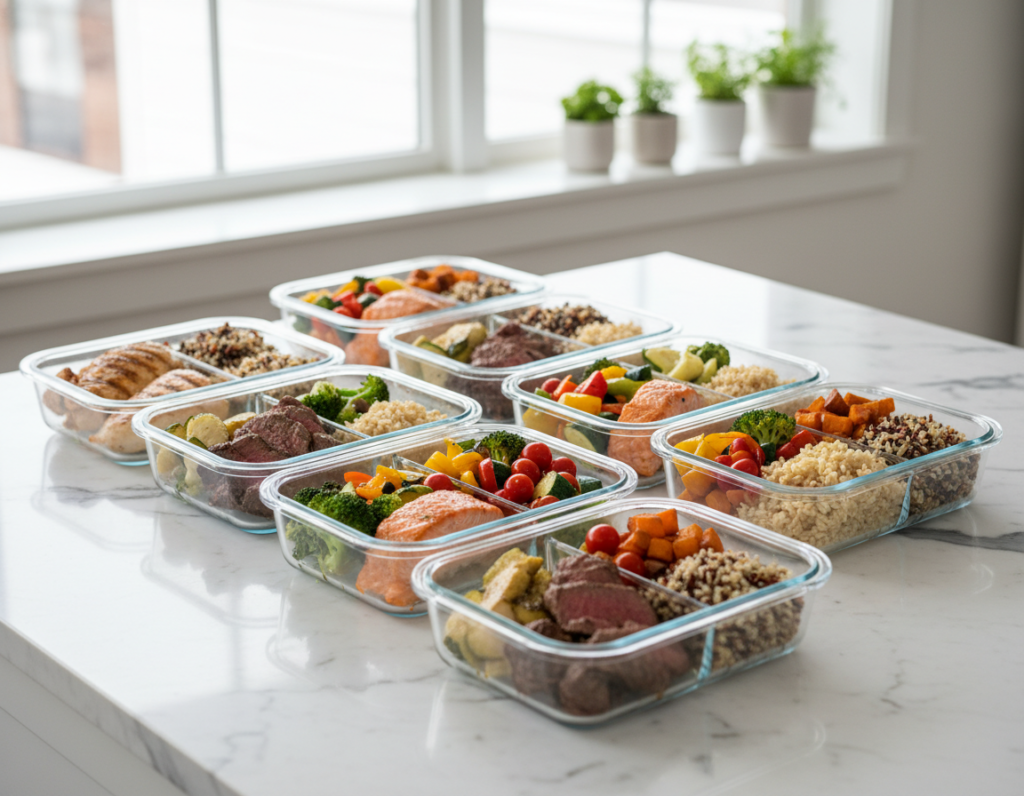 meal prep containers with portioned healthy meals for the week
