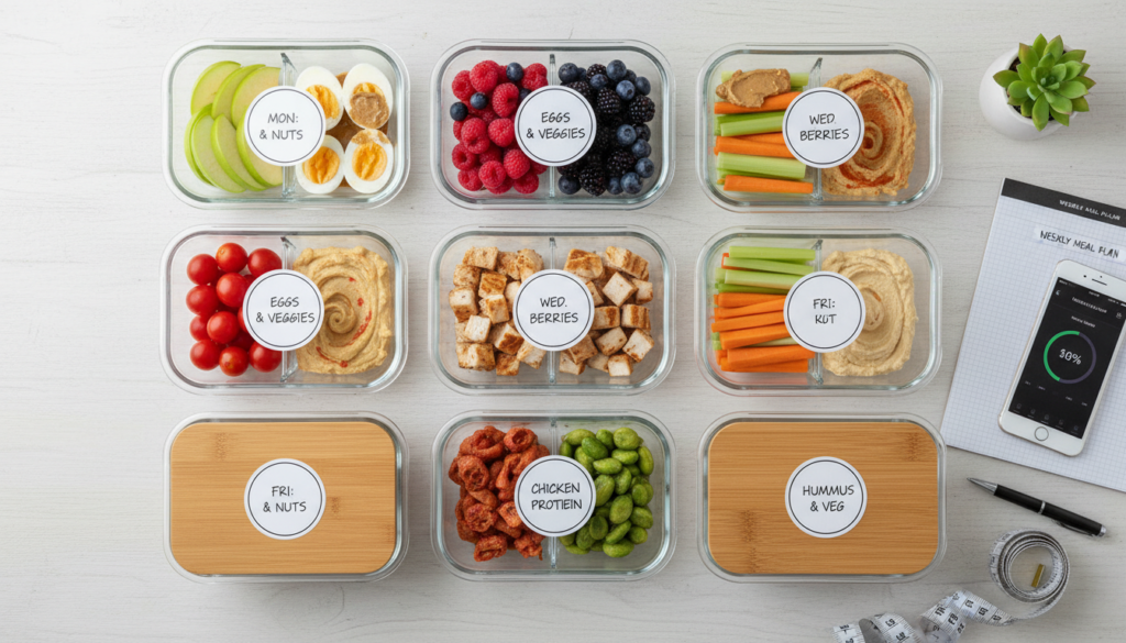 meal prep containers with portioned healthy snacks