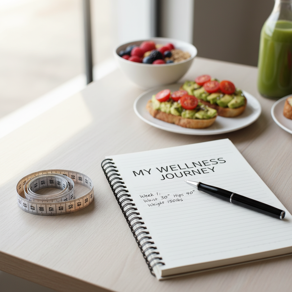 measuring tape and fitness journal for tracking weight loss progress