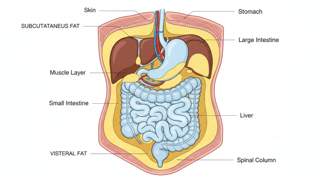 medical illustration showing visceral fat and subcutaneous fat layers in abdomen
