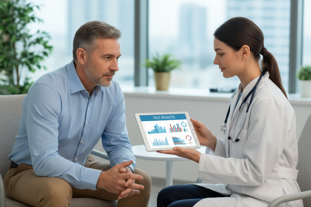 medical professional reviewing test results with patient medical professional reviewing test results with patient