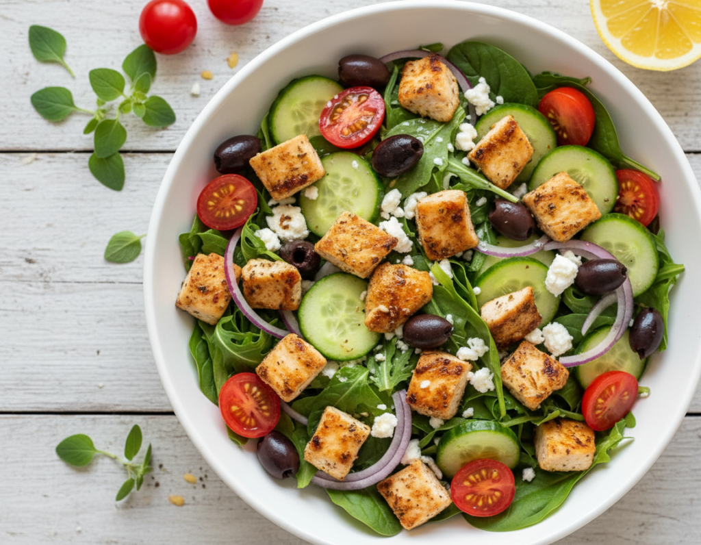 mediterranean chicken salad bowl with olives and feta cheese