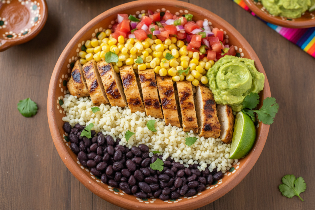 mexican burrito bowl with toppings
