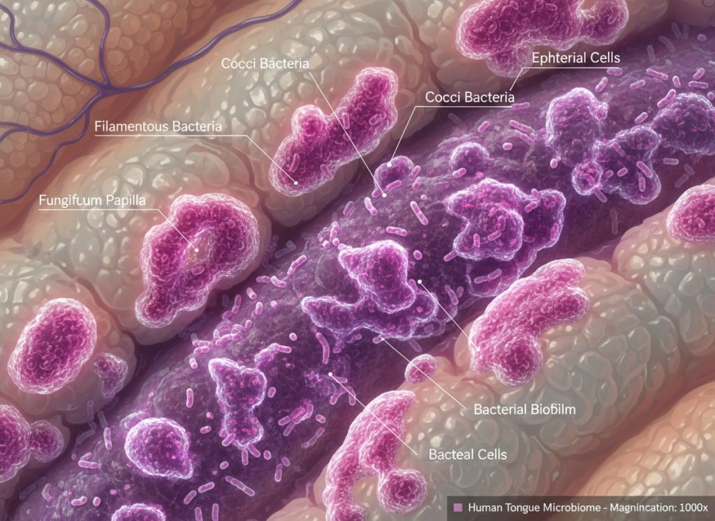 microscopic view of bacteria on tongue surface causing bad breath