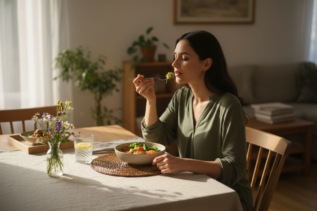 mindful eating practice with peaceful meal setting
