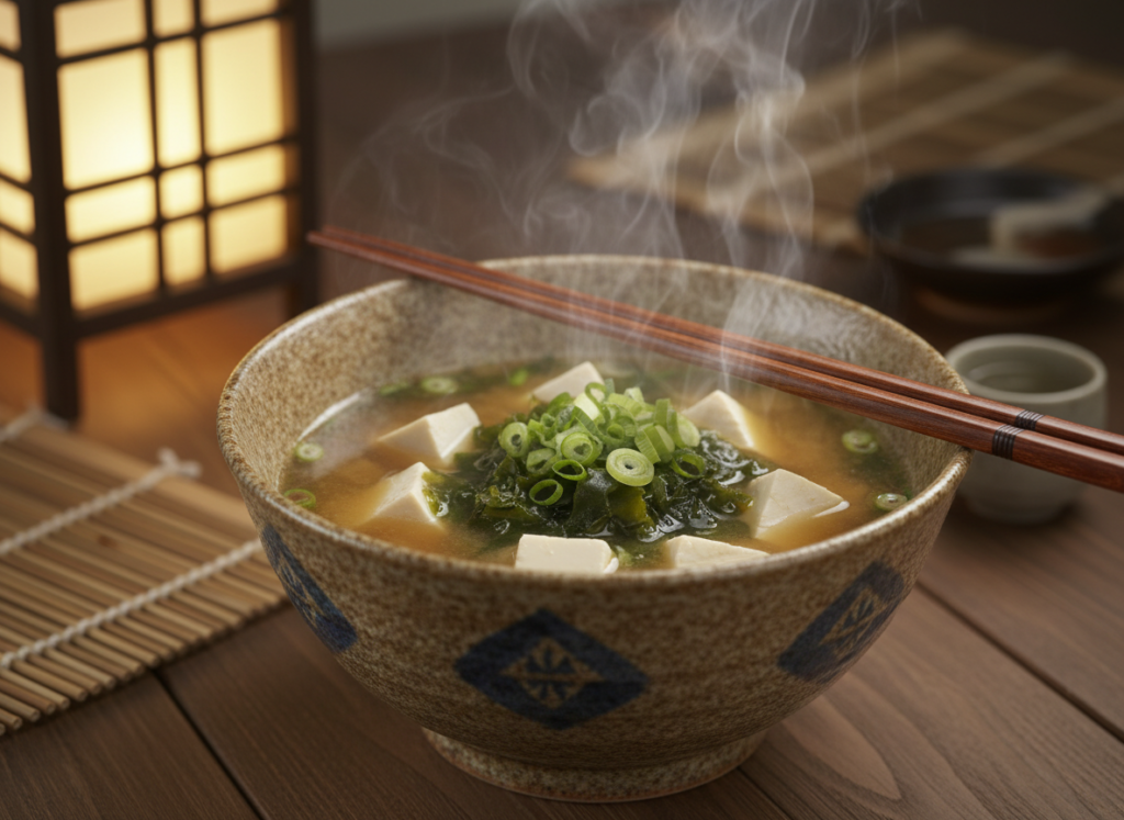 miso soup with tofu and spring onions in a traditional bowl