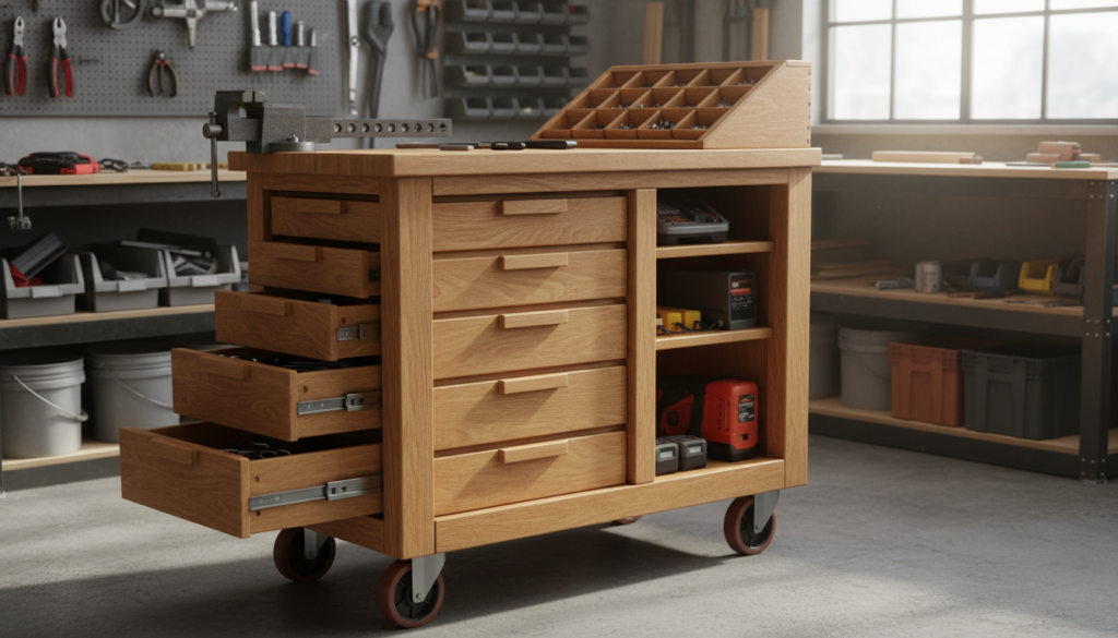 mobile wooden tool storage organizer with multiple drawers and compartments