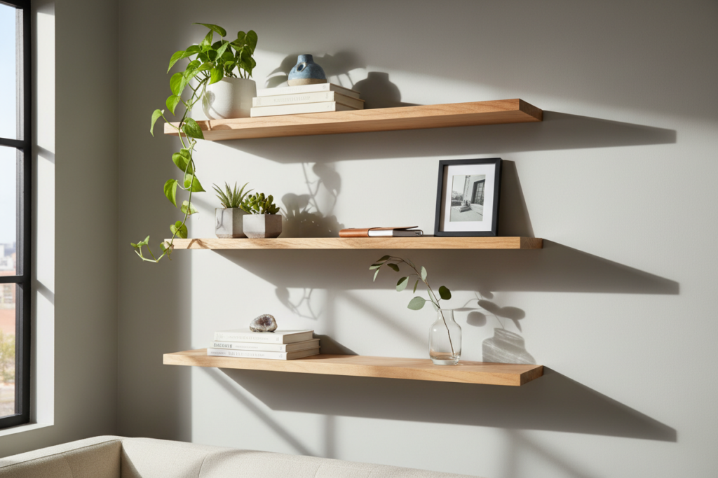 modern floating shelves mounted on living room wall displaying decor