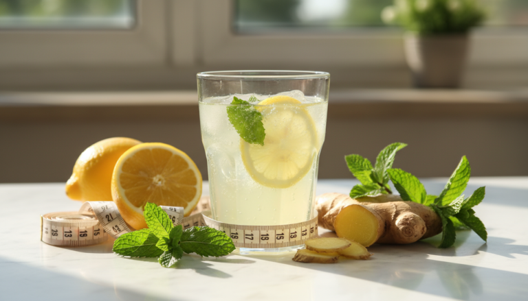 morning drink to lose belly fat with fresh ingredients and measuring tape