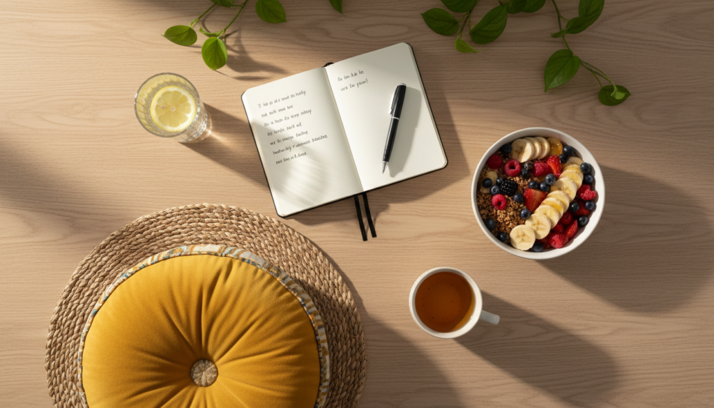 morning routine components including water, journal, meditation and healthy breakfast