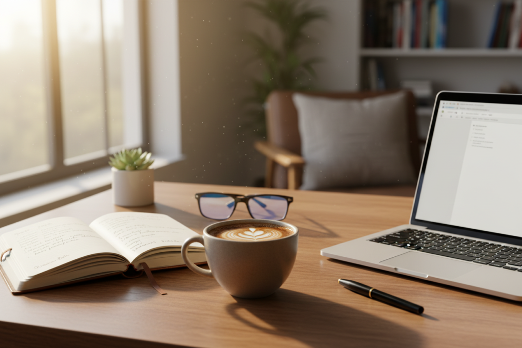 morning routine setup with coffee journal and organized workspace