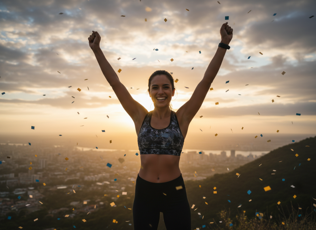 motivated woman celebrating fitness achievement
