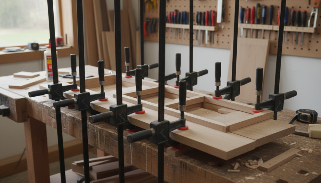 multiple clamps holding wood pieces during glue drying on workbench