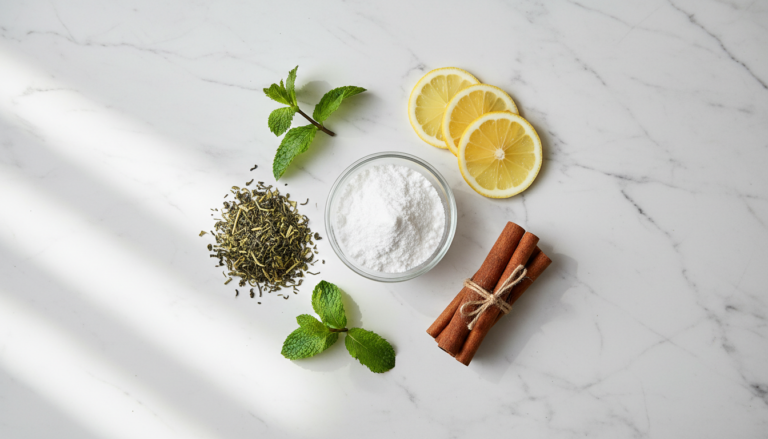 natural cure for bad breath and gum disease showing fresh herbs and natural ingredients