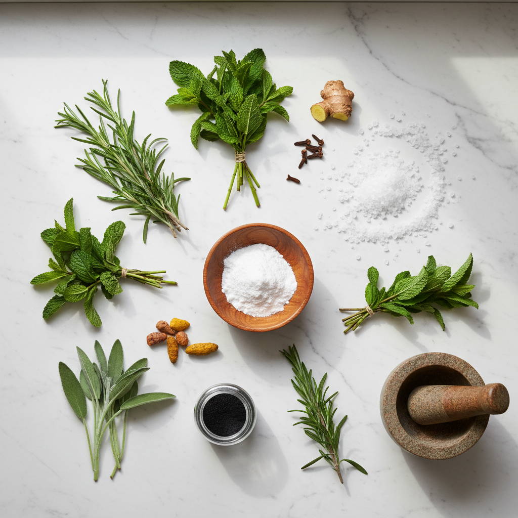natural ingredients for dental care including baking soda and herbs