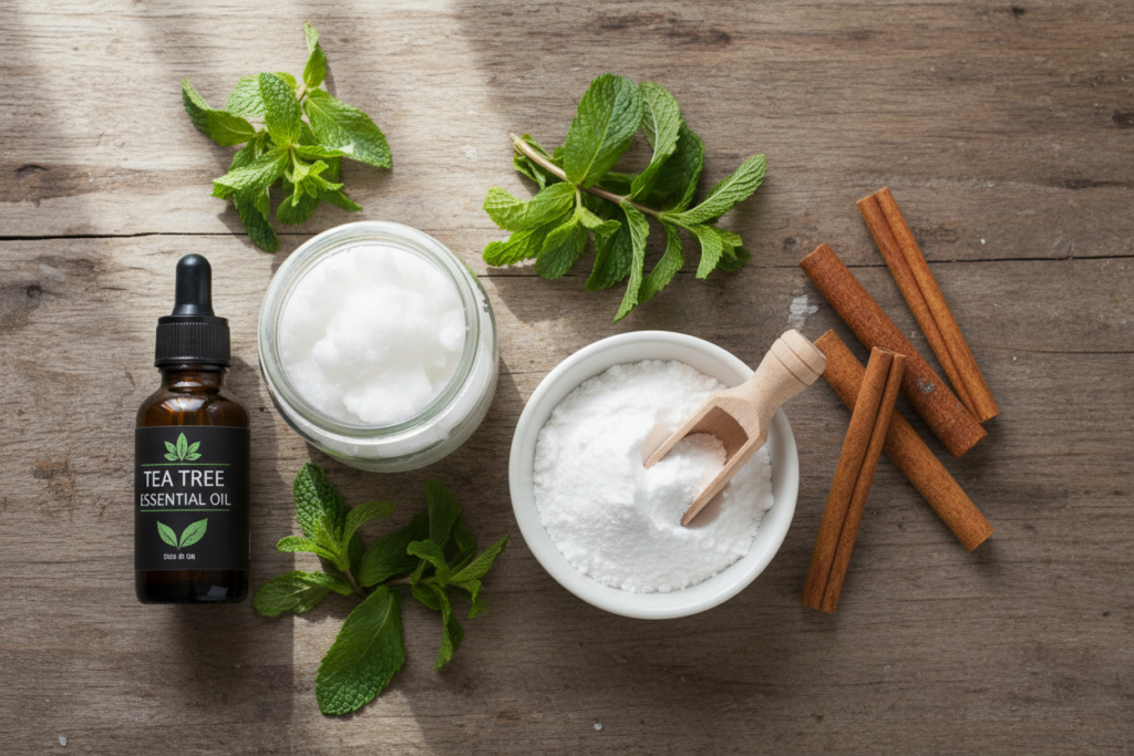 natural ingredients for oral health including baking soda tea tree oil