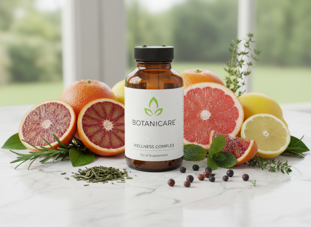 natural supplement bottle with healthy lifestyle elements