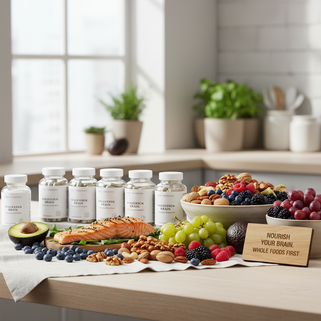 natural supplement bottles with healthy foods for brain health natural supplement bottles with healthy foods for brain health