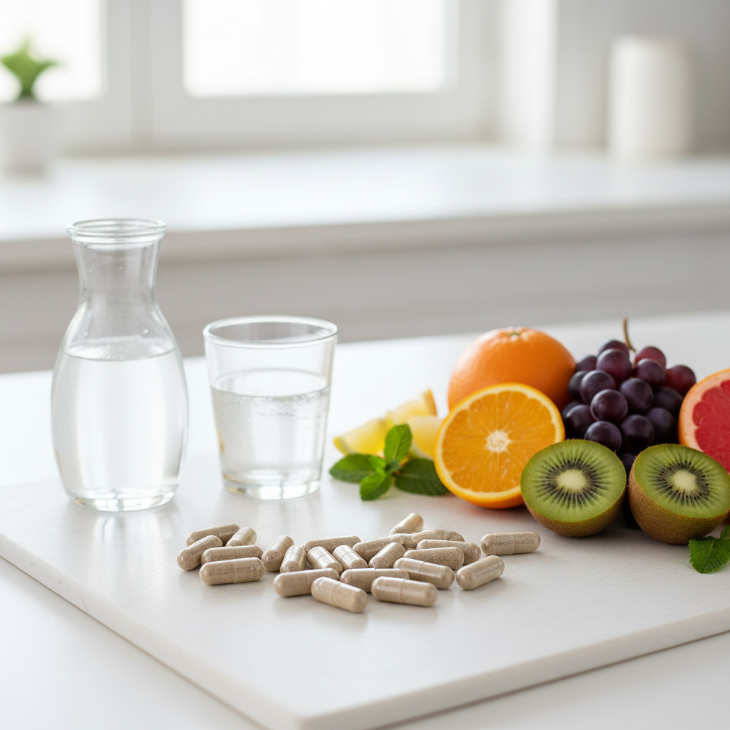 natural supplement capsules with healthy breakfast setting