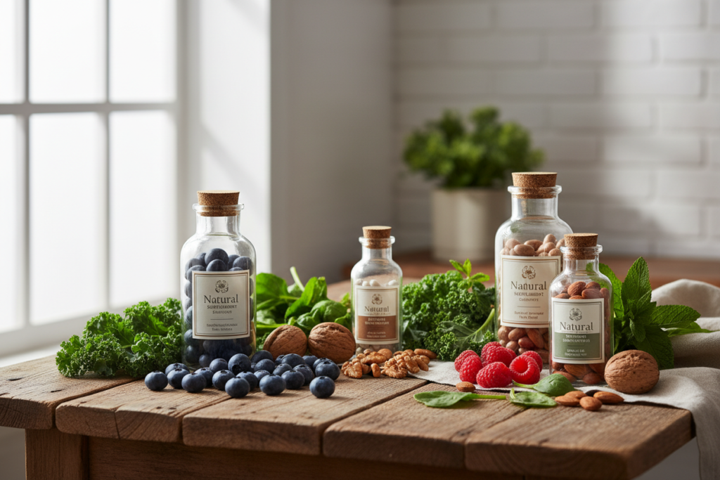 natural supplements and healthy foods on wooden table