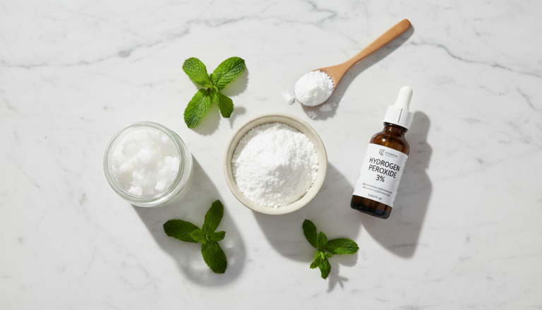 natural teeth whitening ingredients including baking soda and coconut oil