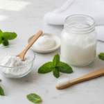 Teeth Whitening Without Chemicals: Natural Methods That Actually Work natural teeth whitening ingredients including baking soda and coconut oil on bathroom counter