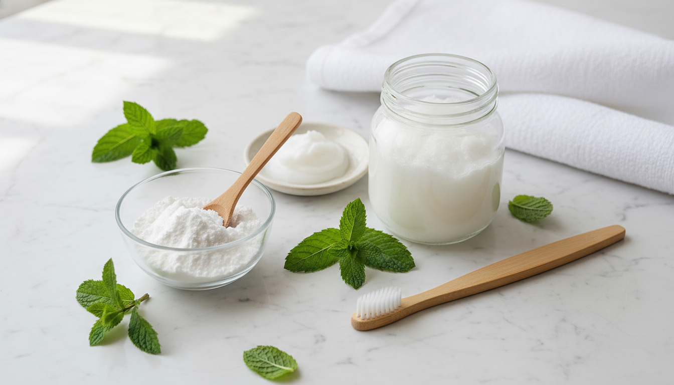 natural teeth whitening ingredients including baking soda and coconut oil on bathroom counter
