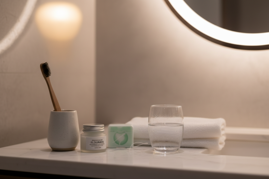 nighttime dental care routine with flossing and brushing products