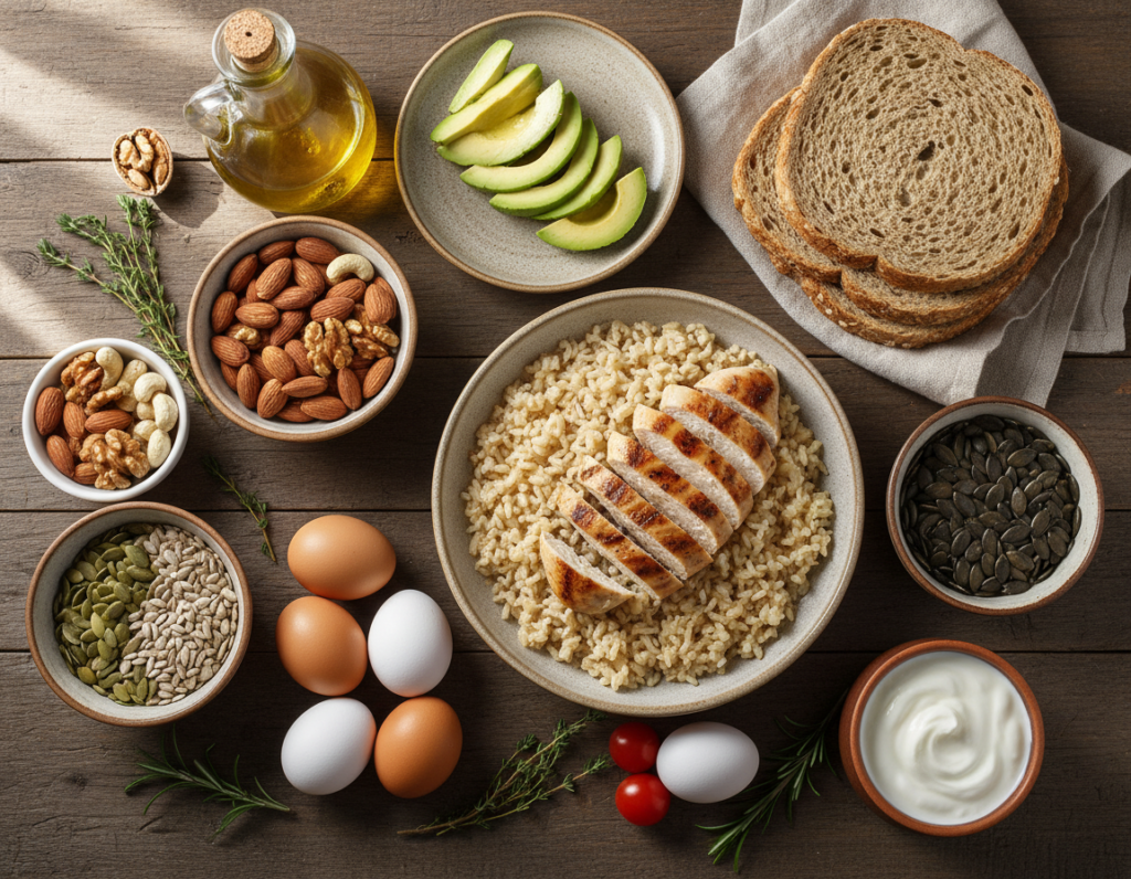 nutrient-dense foods arranged for healthy weight gain