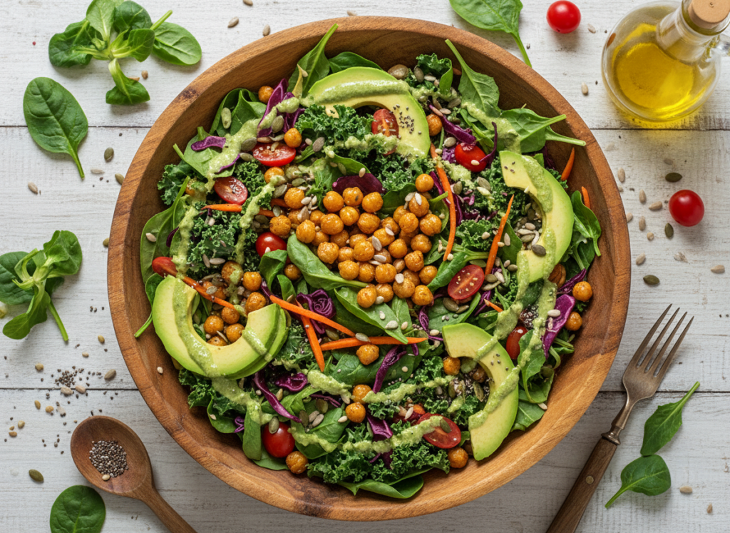 nutrient-dense salad bowl with fermented vegetables
