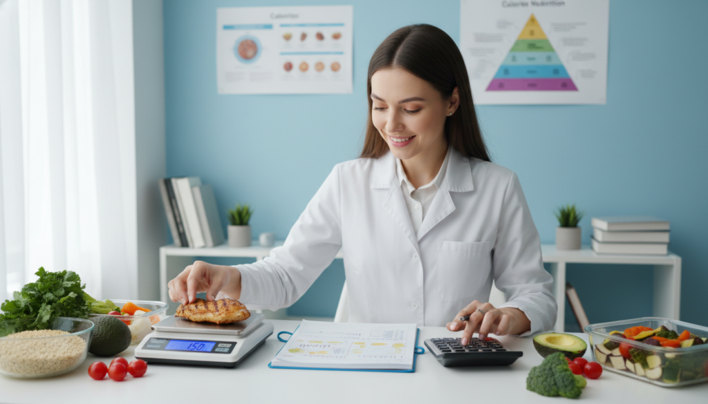 nutritionist calculating meal portions and calories