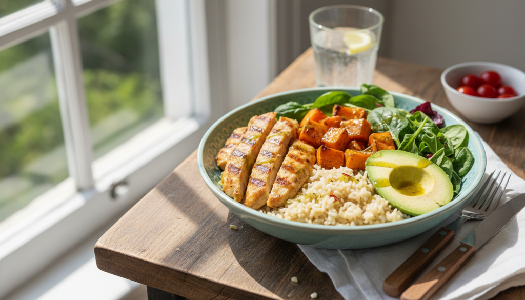 nutritious lunch bowl with chicken, rice, and vegetables