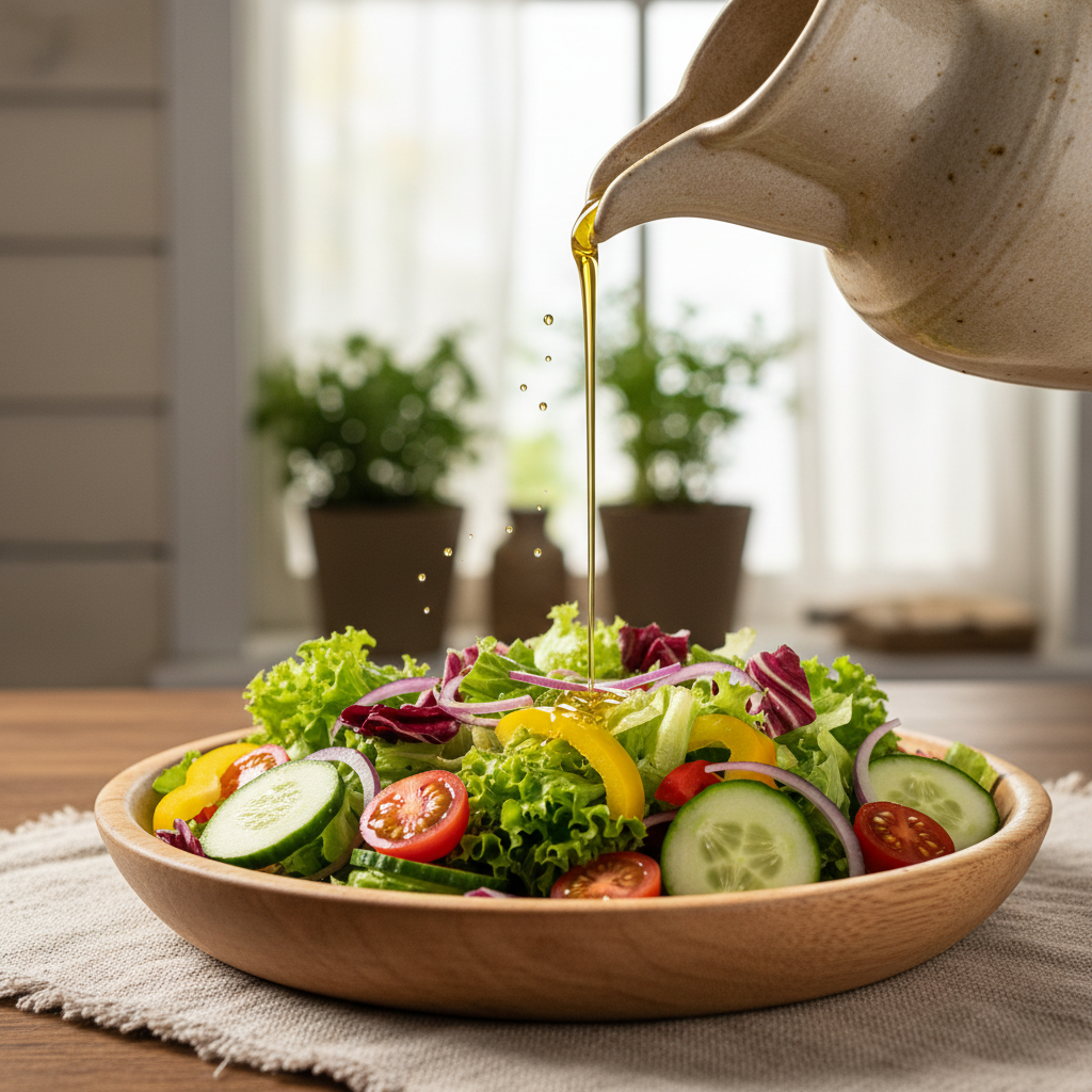 olive oil being drizzled over a fresh salad