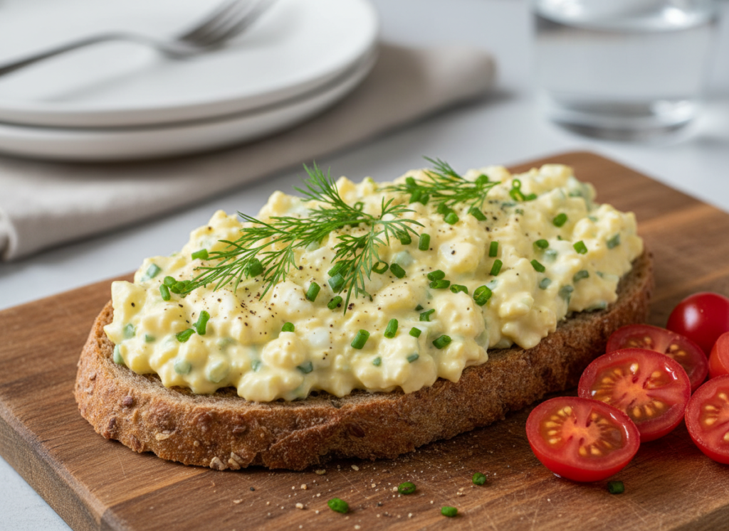 open-faced egg salad sandwich on whole grain bread