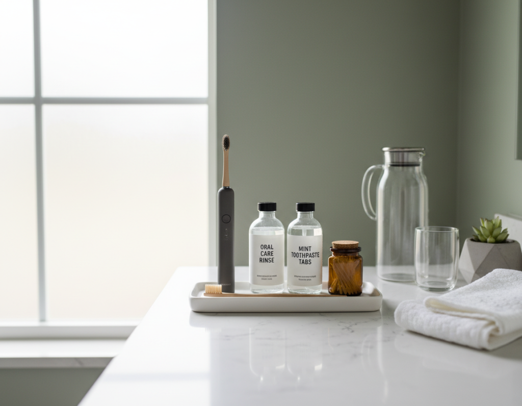 organized bathroom counter showing daily oral hygiene routine setup