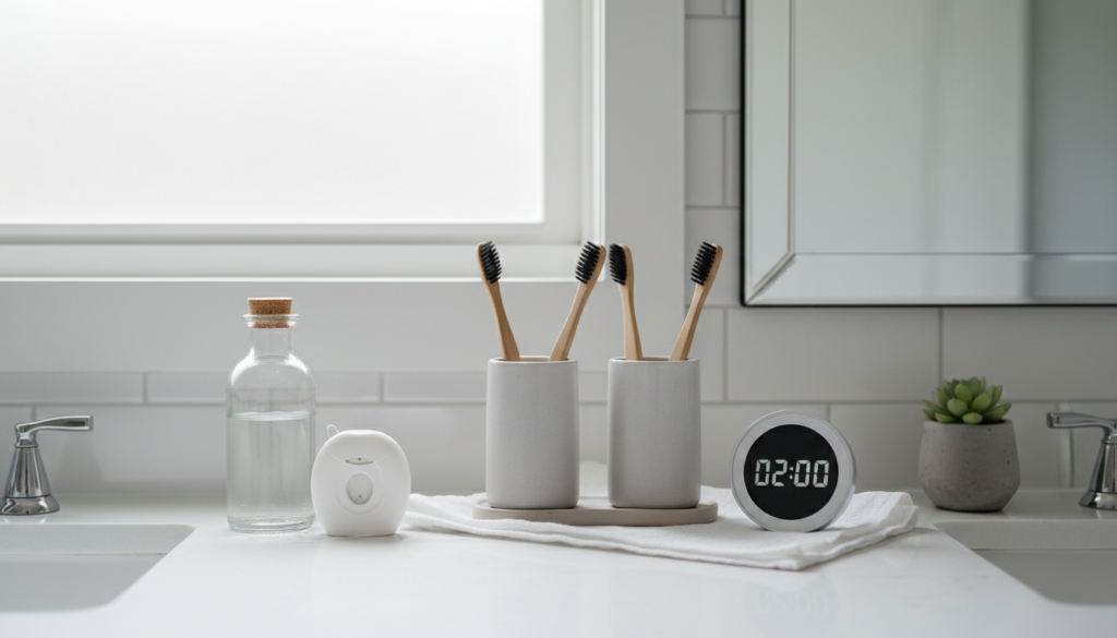 organized bathroom dental care routine setup organized bathroom dental care routine setup