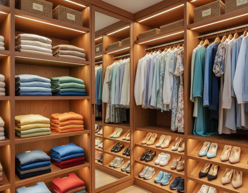 organized closet with wooden shelves filled with folded clothes and hanging garments