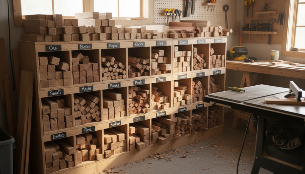 organized collection of scrap wood pieces sorted by size