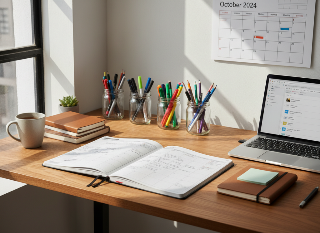 organized daily routine with planner and structured environment organized daily routine with planner and structured environment