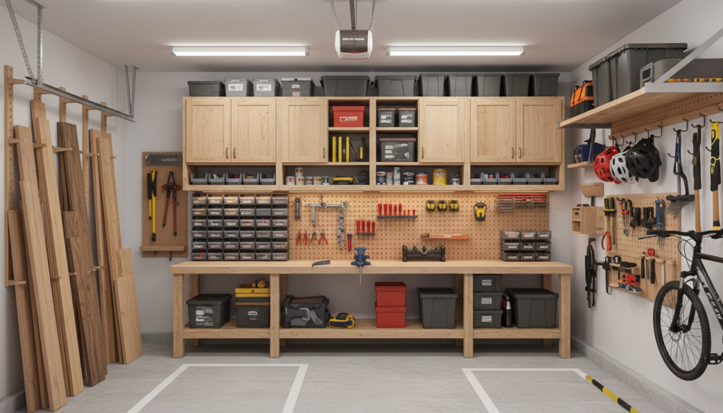 organized garage with wooden storage shelves and cabinets