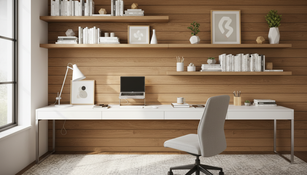 organized home office with wall-mounted shelves