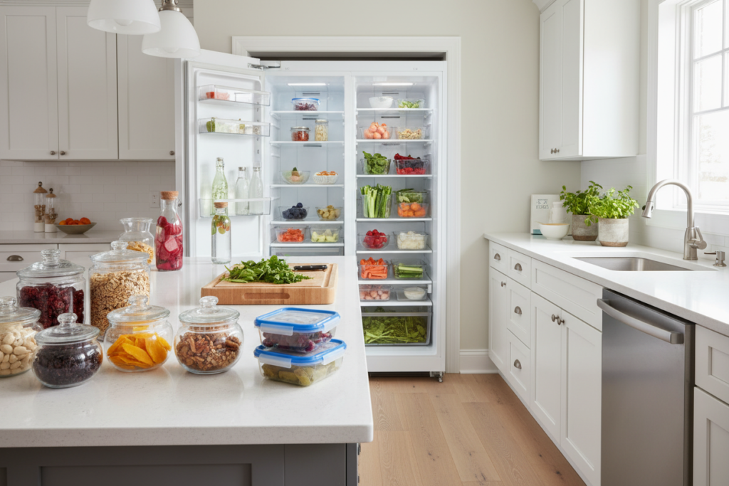 organized kitchen with healthy snacks visible and accessible