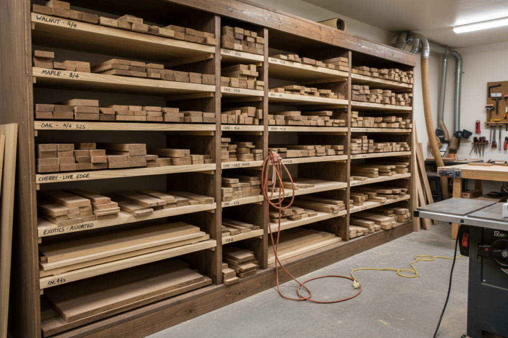 organized lumber storage system with labeled sections