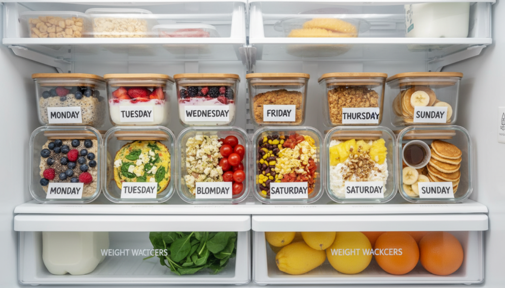 organized meal prep containers with breakfast portions organized meal prep containers with breakfast portions