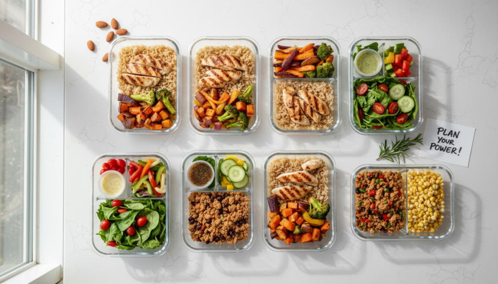organized meal prep containers with healthy balanced meals