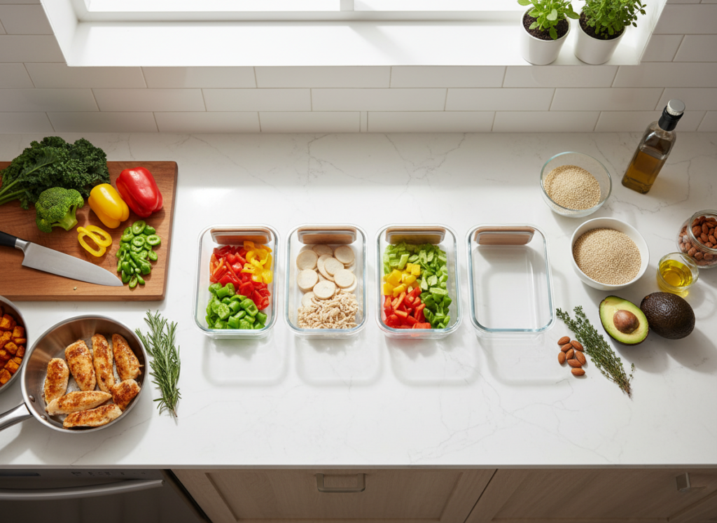 organized meal prep station with containers ingredients and cooking tools