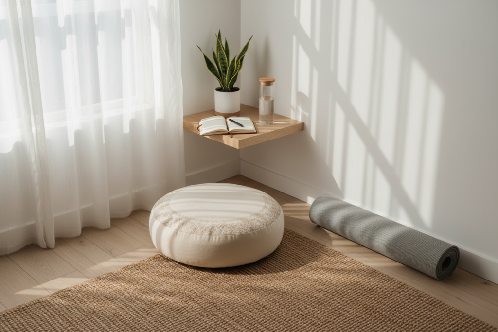 organized morning routine space with yoga mat journal and water